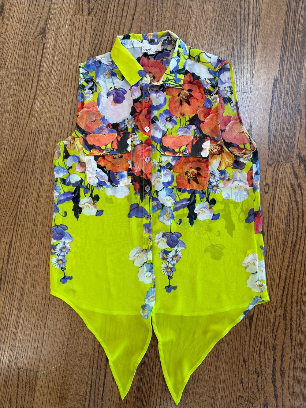 Covet Bright Yellow Floral Sheer Sleeveless Blouse